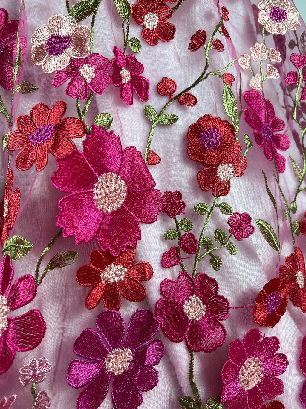 Fuchsia Floral Tulle Fabric by the Yard | Pink Red Embroidered Mesh for Wedding Dress Prom Gown | 3D Flower Lace Fabric 51"