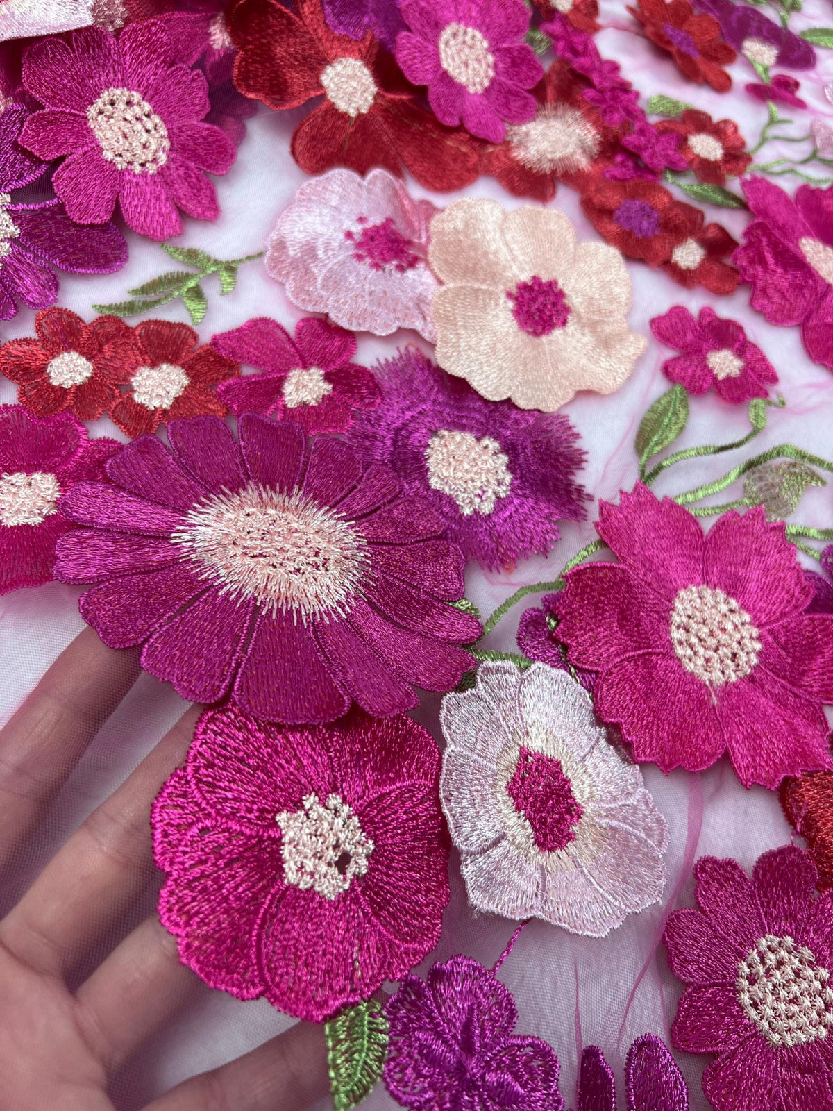 Fuchsia Floral Tulle Fabric by the Yard | Pink Red Embroidered Mesh for Wedding Dress Prom Gown | 3D Flower Lace Fabric 51"