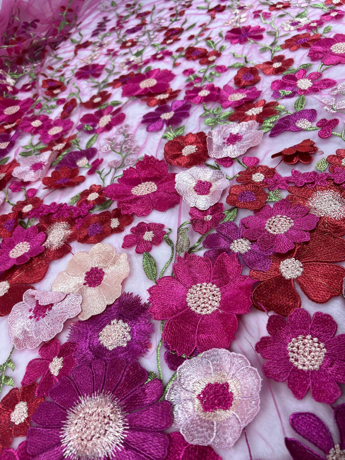 Fuchsia Floral Tulle Fabric by the Yard | Pink Red Embroidered Mesh for Wedding Dress Prom Gown | 3D Flower Lace Fabric 51"