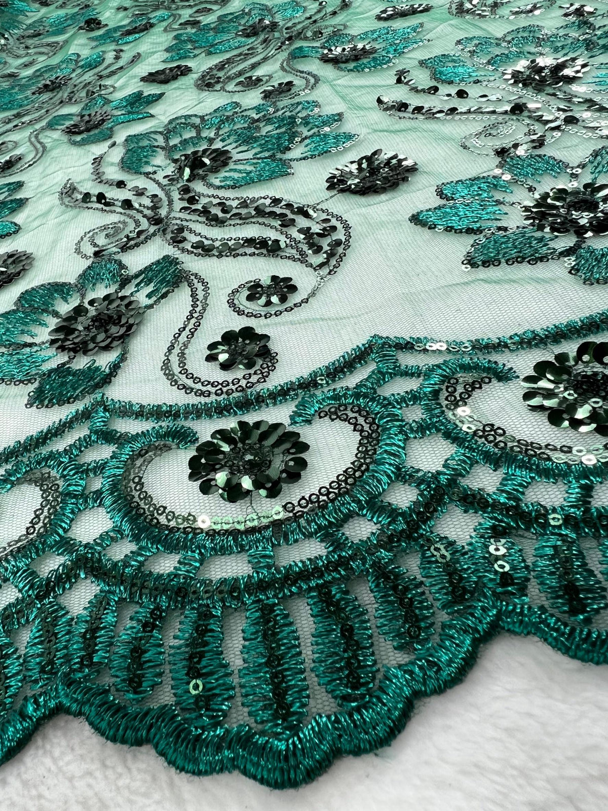 Emerald Green Sequin Lace Fabric by the Yard, Floral Embroidered Tulle Mesh, Luxury Bridal Fabric for Wedding Dress & Evening Gown