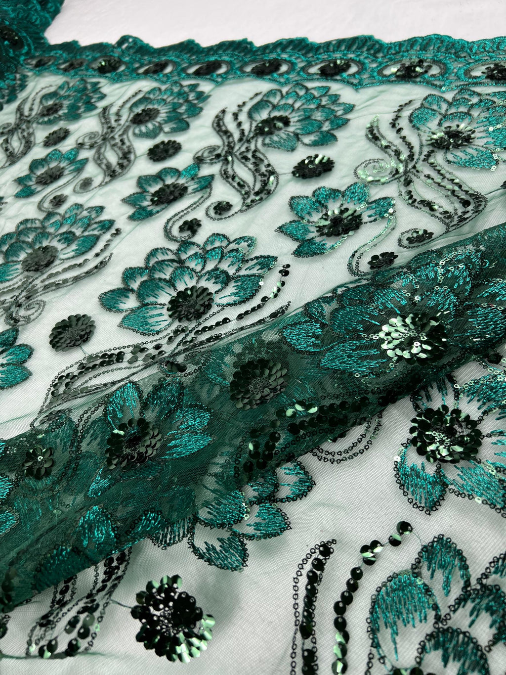Emerald Green Sequin Lace Fabric by the Yard, Floral Embroidered Tulle Mesh, Luxury Bridal Fabric for Wedding Dress & Evening Gown