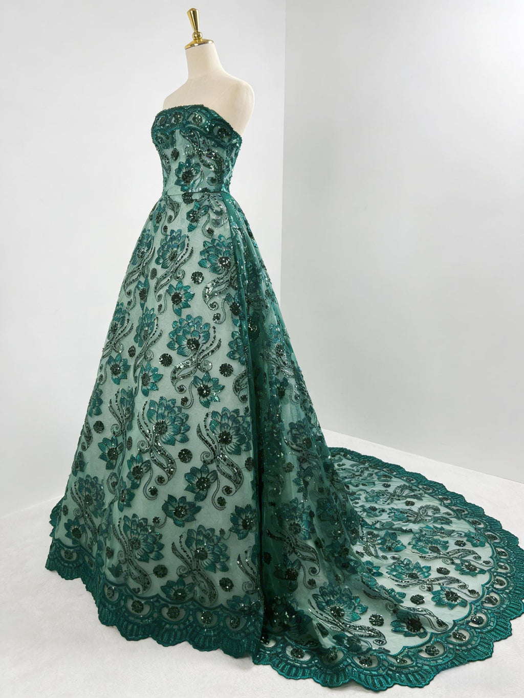 Emerald Green Sequin Lace Fabric by the Yard, Floral Embroidered Tulle Mesh, Luxury Bridal Fabric for Wedding Dress & Evening Gown