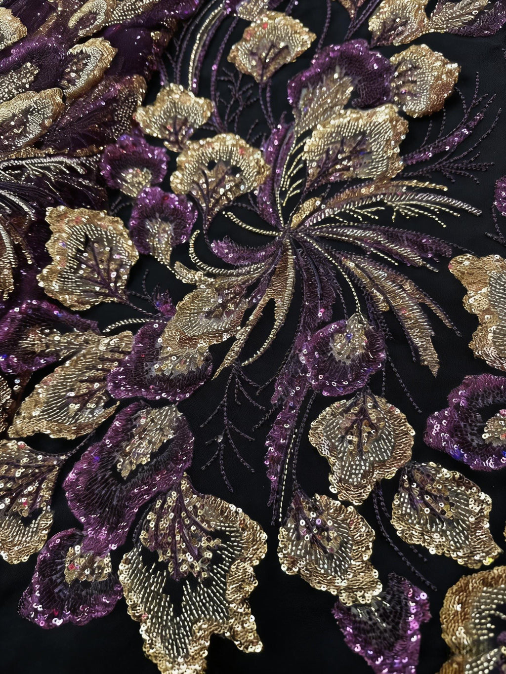 Luxury Purple & Gold Sequin Embroidery Lace | Couture Tulle Fabric by the Yard
