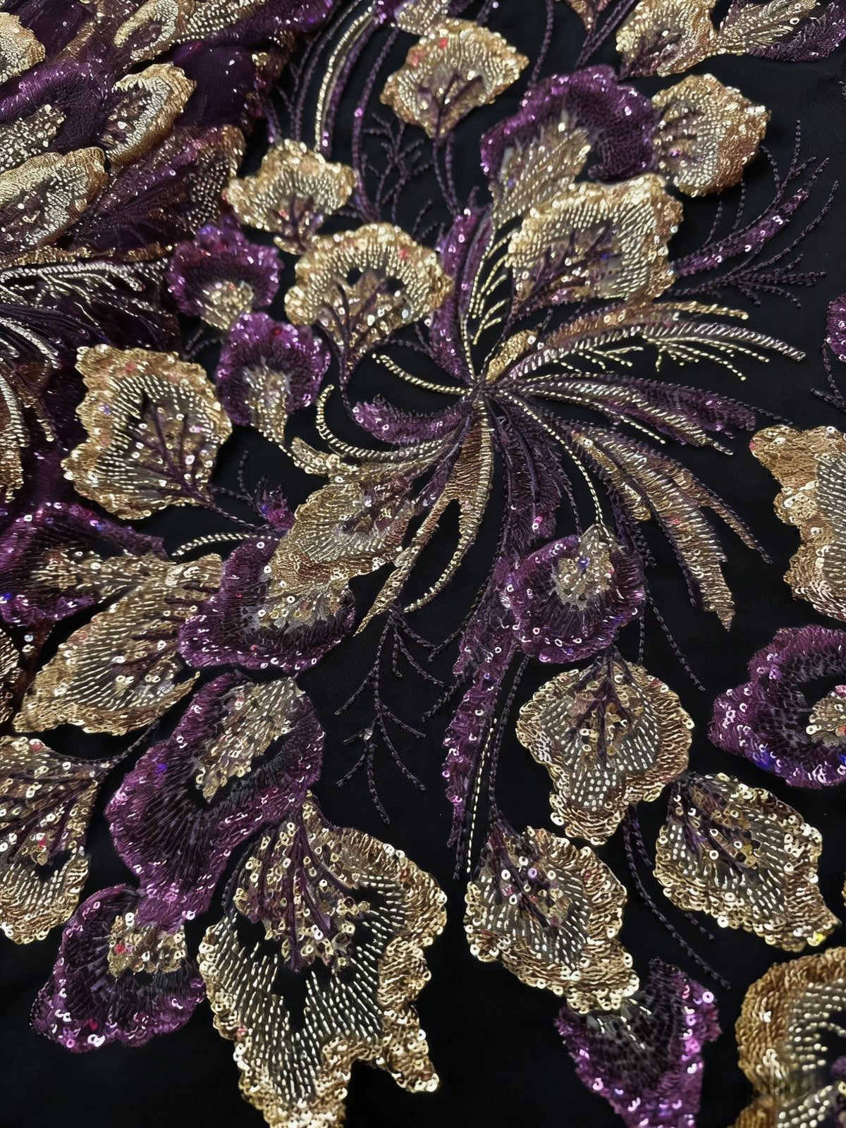 Luxury Purple & Gold Sequin Embroidery Lace | Couture Tulle Fabric by the Yard
