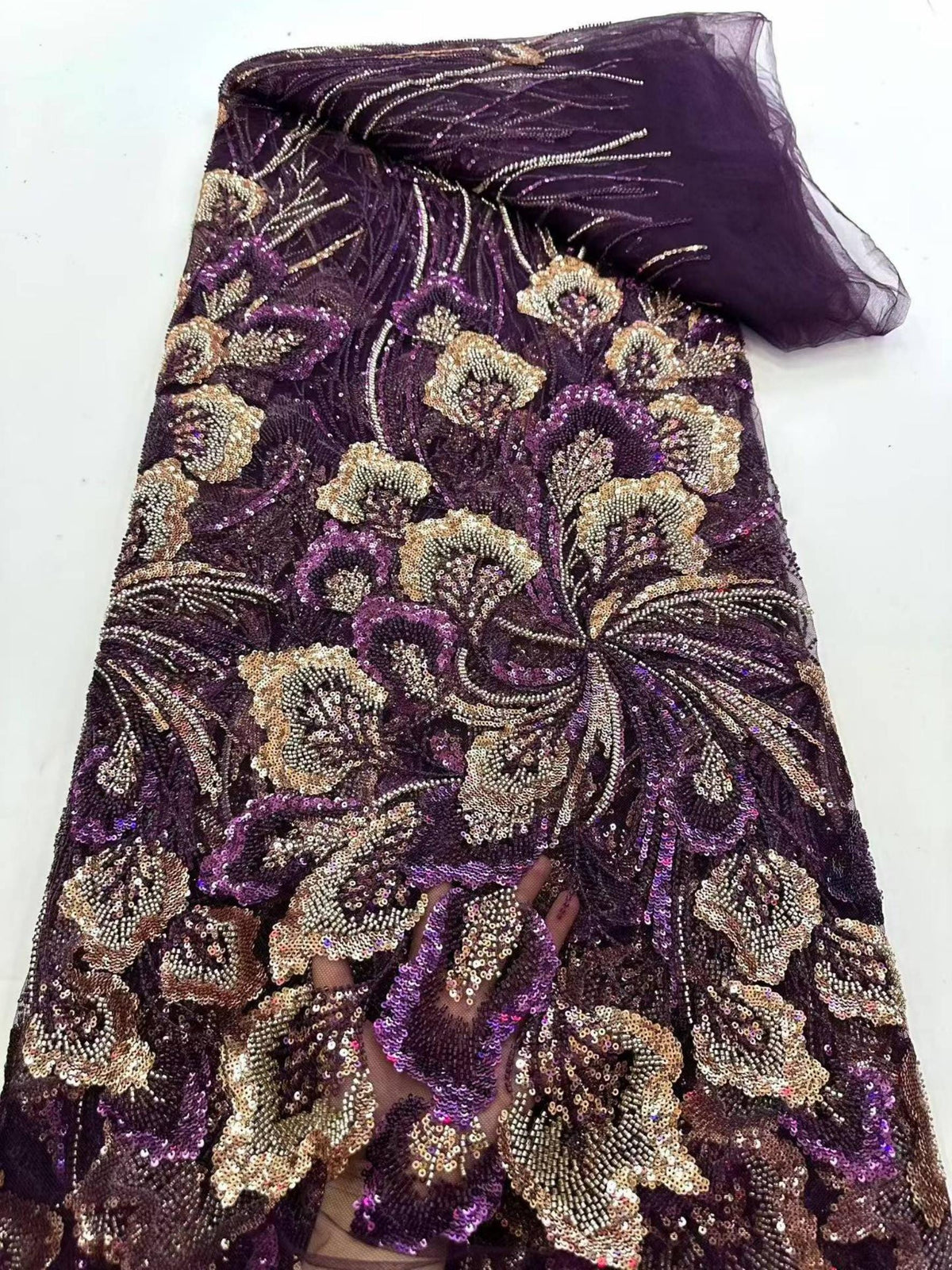 Luxury Purple & Gold Sequin Embroidery Lace | Couture Tulle Fabric by the Yard