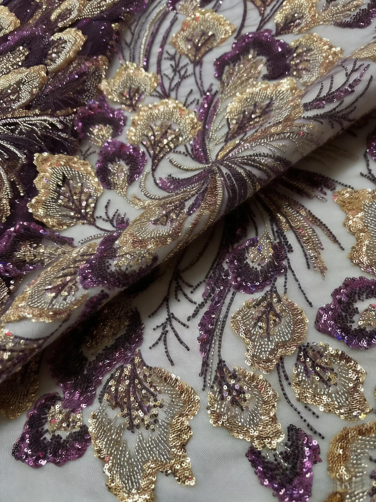Luxury Purple & Gold Sequin Embroidery Lace | Couture Tulle Fabric by the Yard