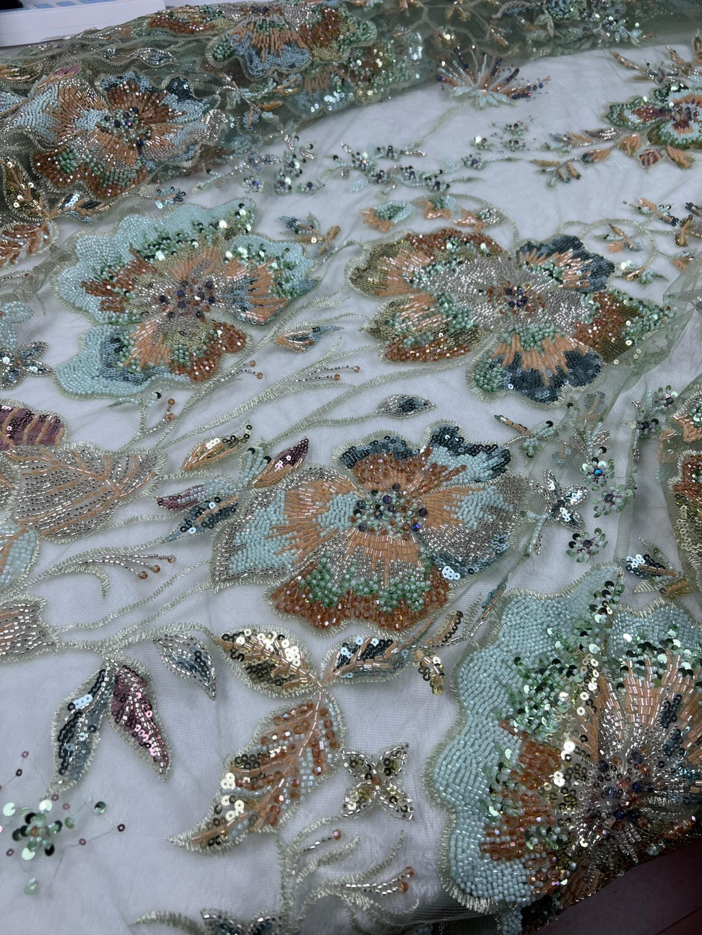 Mint Green Beaded Sequin Lace Fabric Vintage Floral Embroidery Tulle Wedding Gown Evening Dress