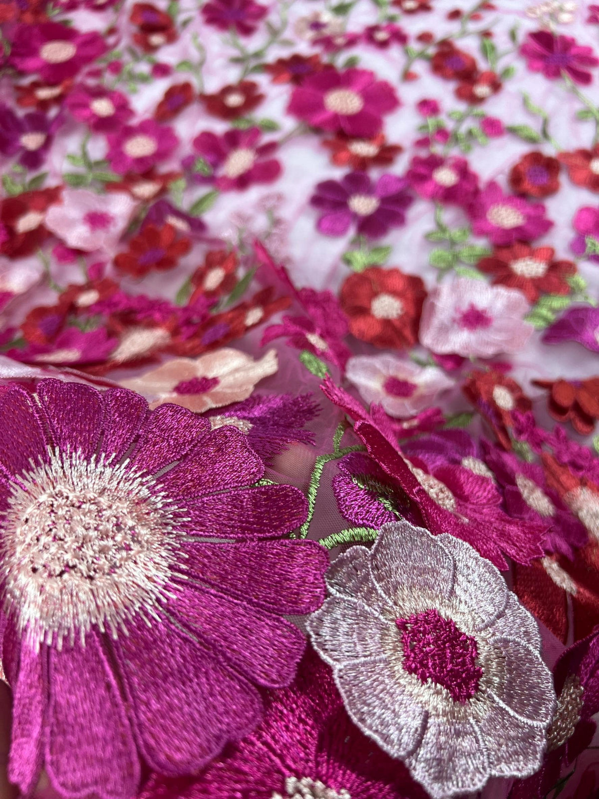 Fuchsia Floral Tulle Fabric by the Yard | Pink Red Embroidered Mesh for Wedding Dress Prom Gown | 3D Flower Lace Fabric 51"