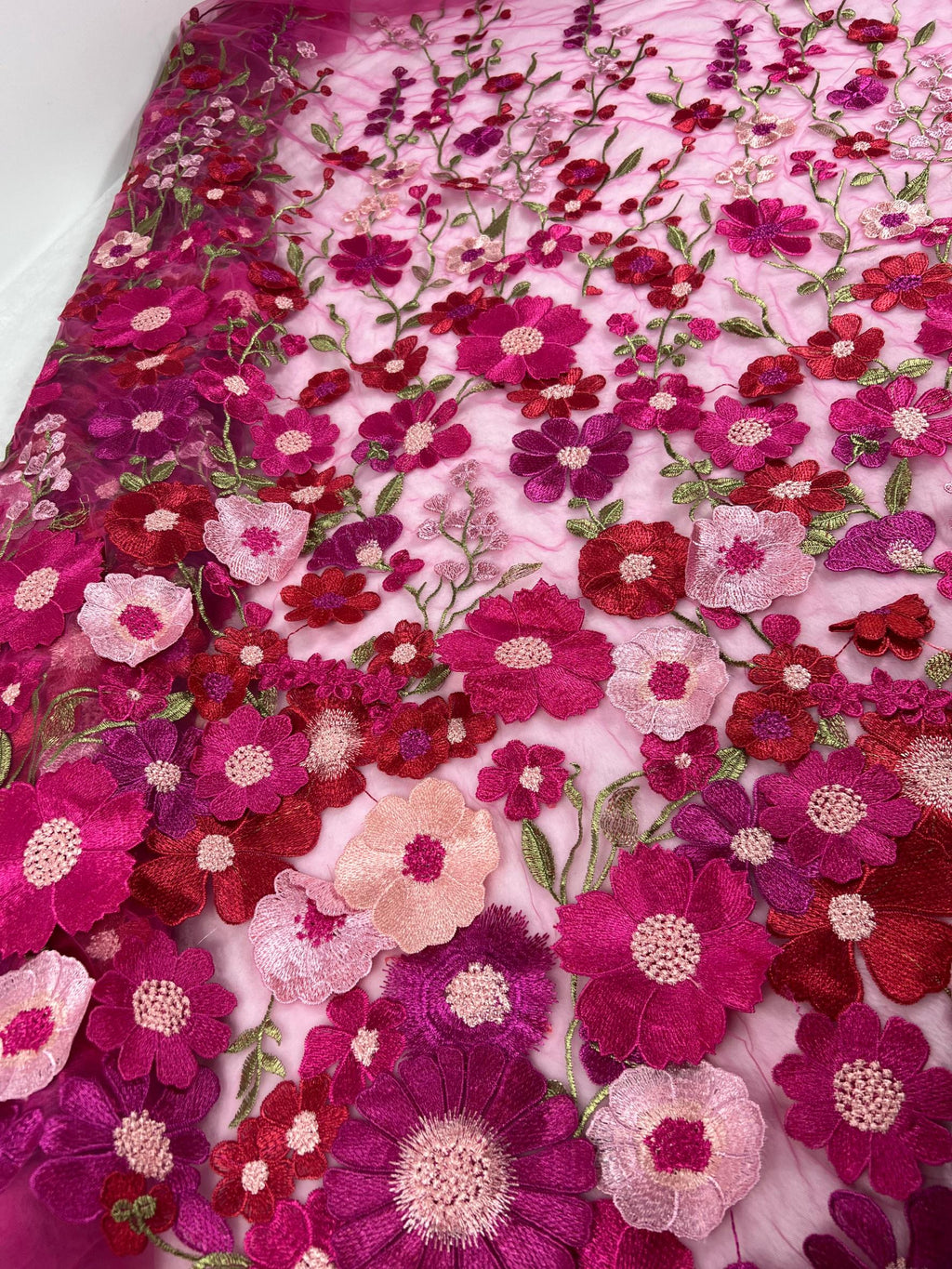 Fuchsia Floral Tulle Fabric by the Yard | Pink Red Embroidered Mesh for Wedding Dress Prom Gown | 3D Flower Lace Fabric 51"