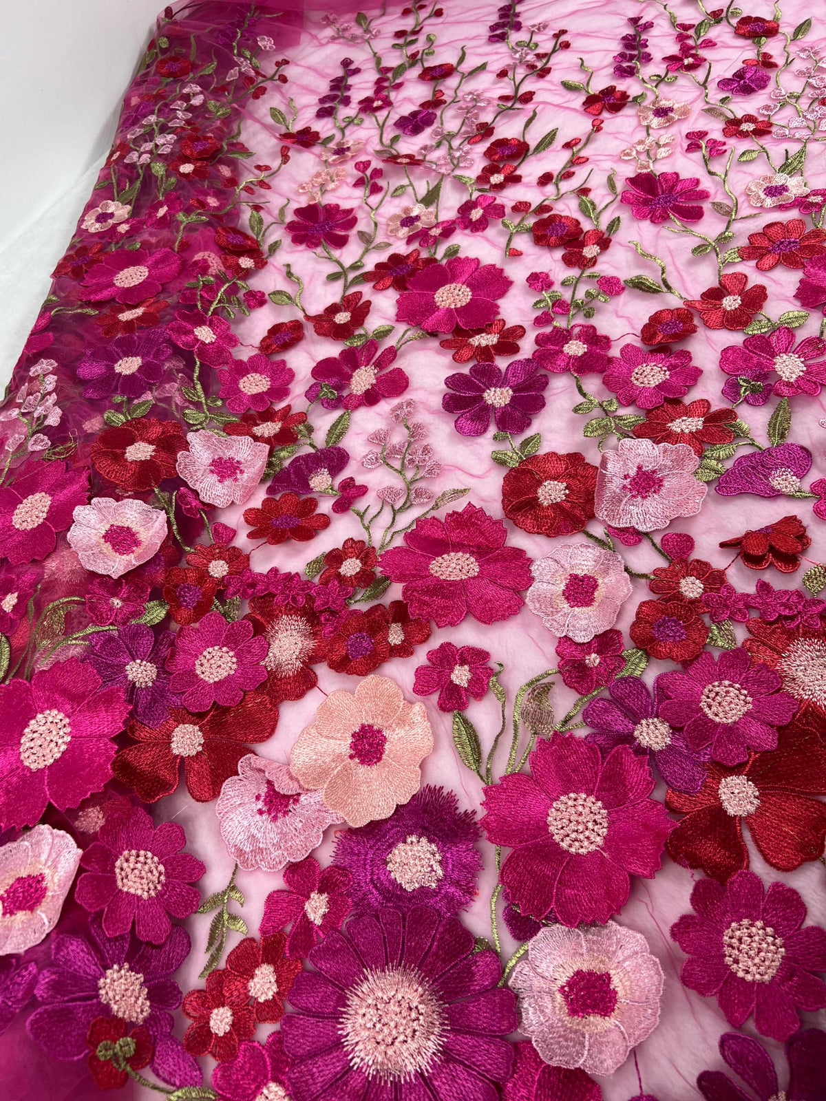 Fuchsia Floral Tulle Fabric by the Yard | Pink Red Embroidered Mesh for Wedding Dress Prom Gown | 3D Flower Lace Fabric 51"