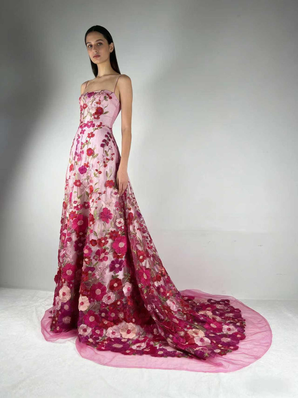Fuchsia Floral Tulle Fabric by the Yard | Pink Red Embroidered Mesh for Wedding Dress Prom Gown | 3D Flower Lace Fabric 51"