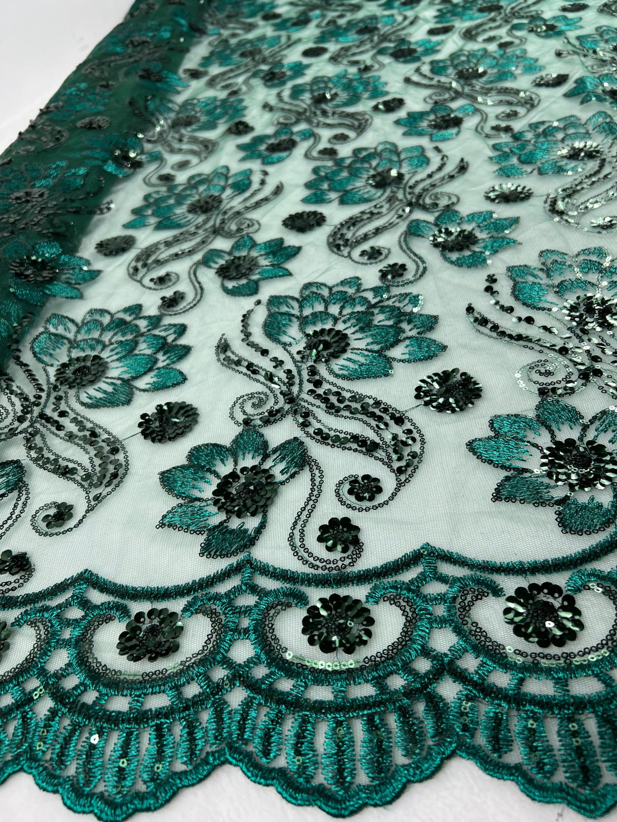Emerald Green Sequin Lace Fabric by the Yard, Floral Embroidered Tulle Mesh, Luxury Bridal Fabric for Wedding Dress & Evening Gown