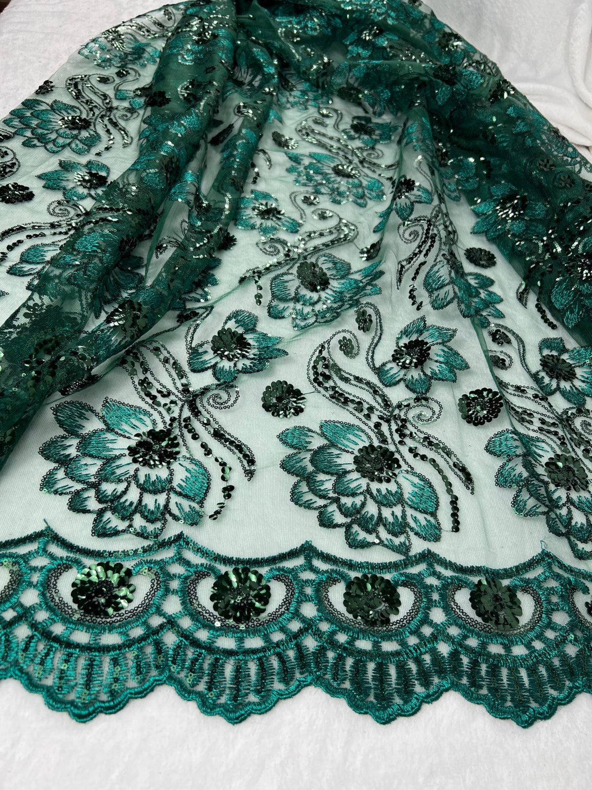 Emerald Green Sequin Lace Fabric by the Yard, Floral Embroidered Tulle Mesh, Luxury Bridal Fabric for Wedding Dress & Evening Gown