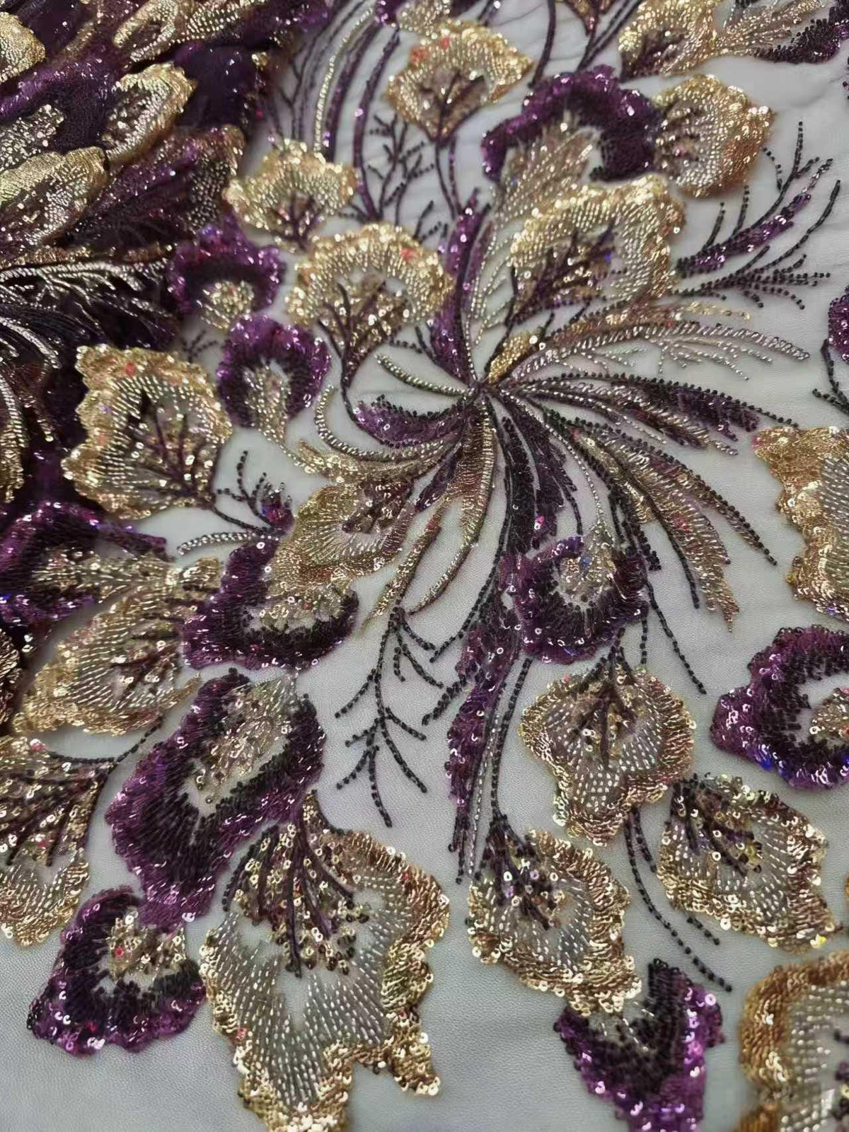 Luxury Purple & Gold Sequin Embroidery Lace | Couture Tulle Fabric by the Yard
