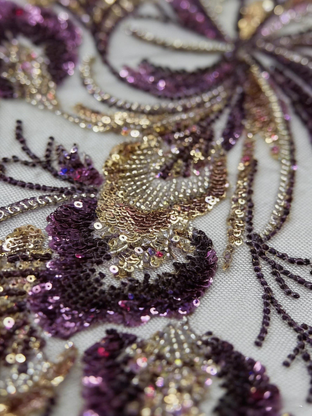 Luxury Purple & Gold Sequin Embroidery Lace | Couture Tulle Fabric by the Yard