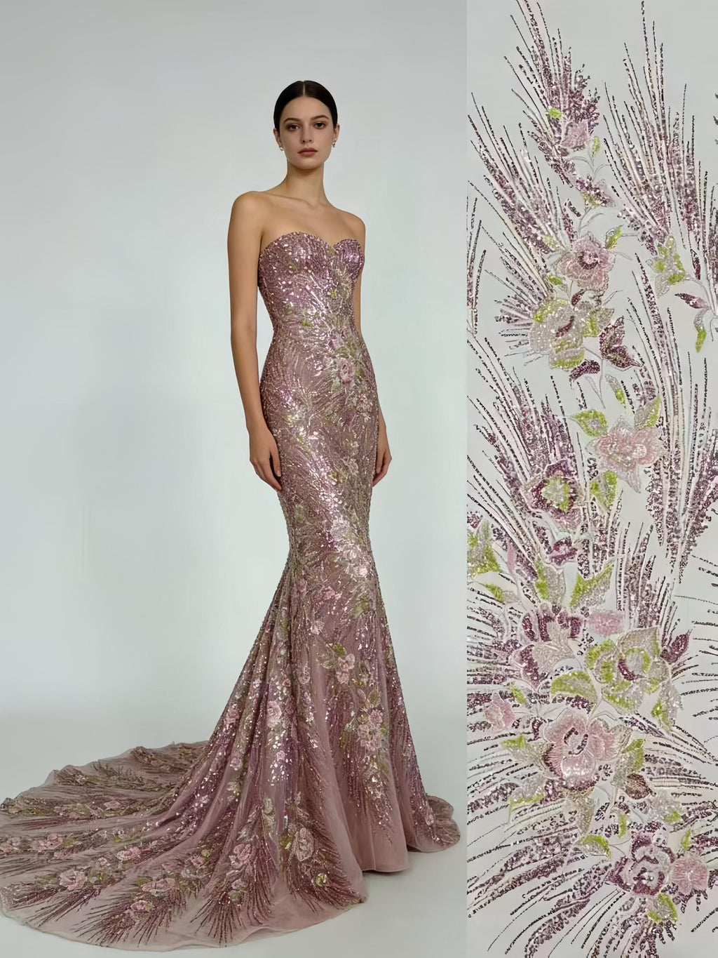 Blush Pink Floral Sequin Lace Fabric, Bridal Gown Wedding Dress Material