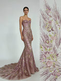 Blush Pink Floral Sequin Lace Fabric, Bridal Gown Wedding Dress Material