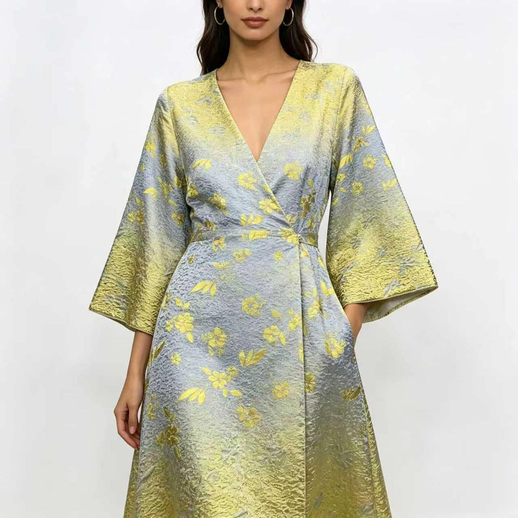 Luxury Floral Jacquard Fabric by the Yard, Gold Green Wedding Dress Material, Couture Evening Gown Fabric, Elegant Designer Fabric