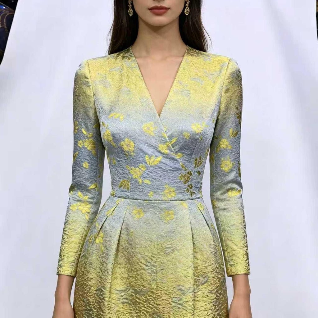 Luxury Floral Jacquard Fabric by the Yard, Gold Green Wedding Dress Material, Couture Evening Gown Fabric, Elegant Designer Fabric
