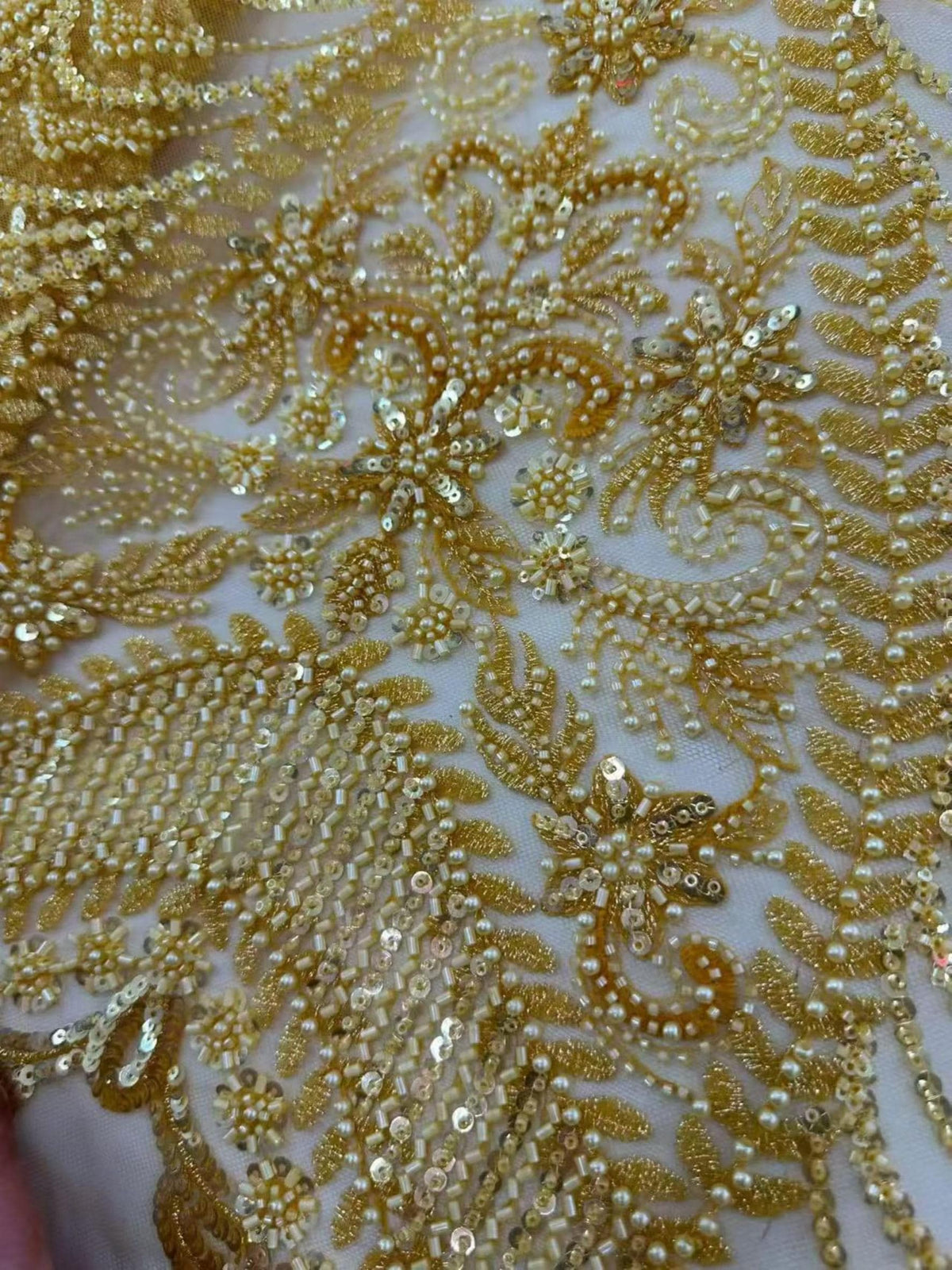 Gold Beaded Lace Fabric by the Yard, Luxury Sequined Embroidered Mesh Formal Wear Sewing Material