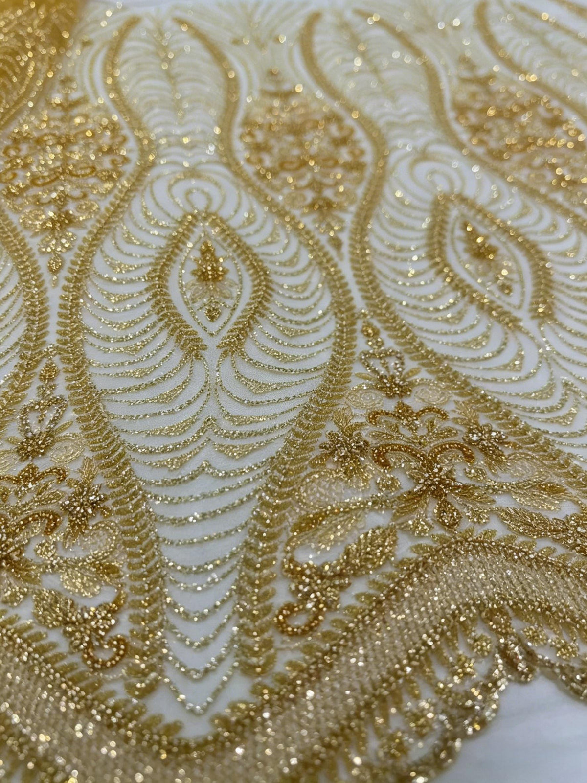 Gold Beaded Lace Fabric by the Yard, Luxury Sequined Embroidered Mesh Formal Wear Sewing Material