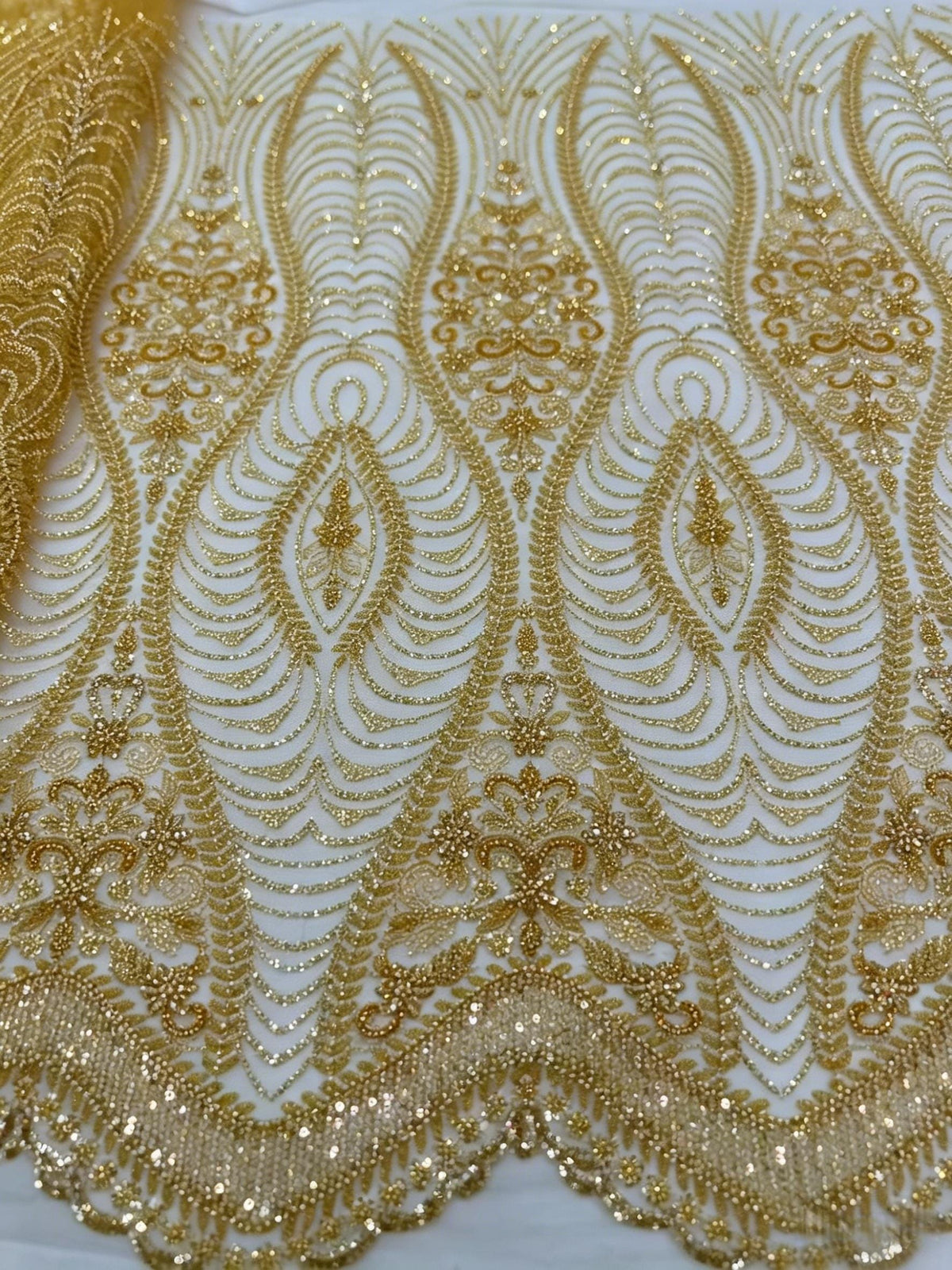 Gold Beaded Lace Fabric by the Yard, Luxury Sequined Embroidered Mesh Formal Wear Sewing Material