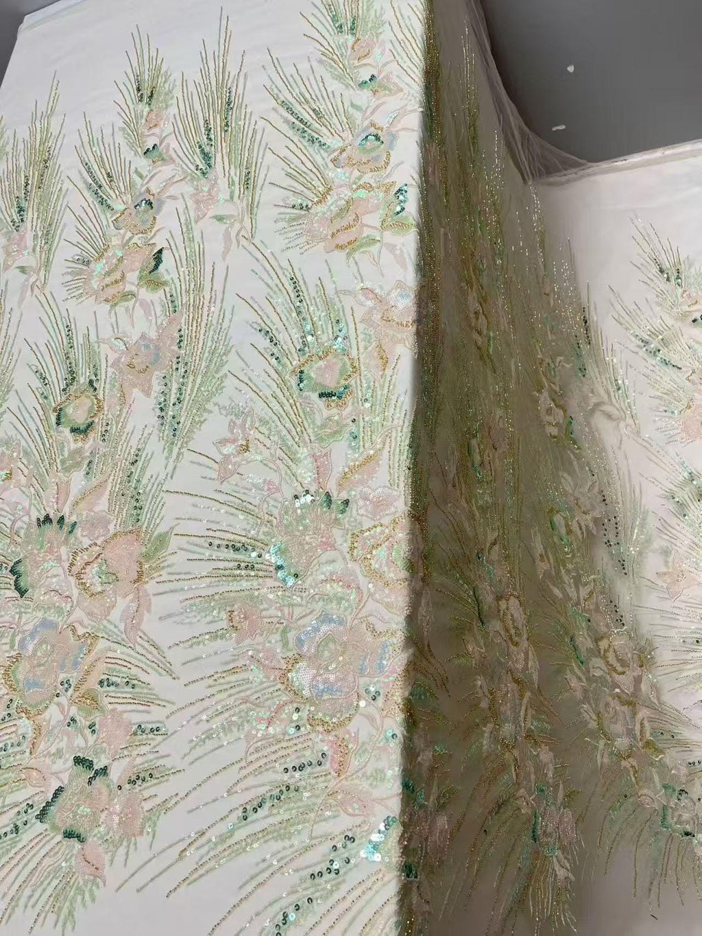 Blush Pink Floral Sequin Lace Fabric, Bridal Gown Wedding Dress Material