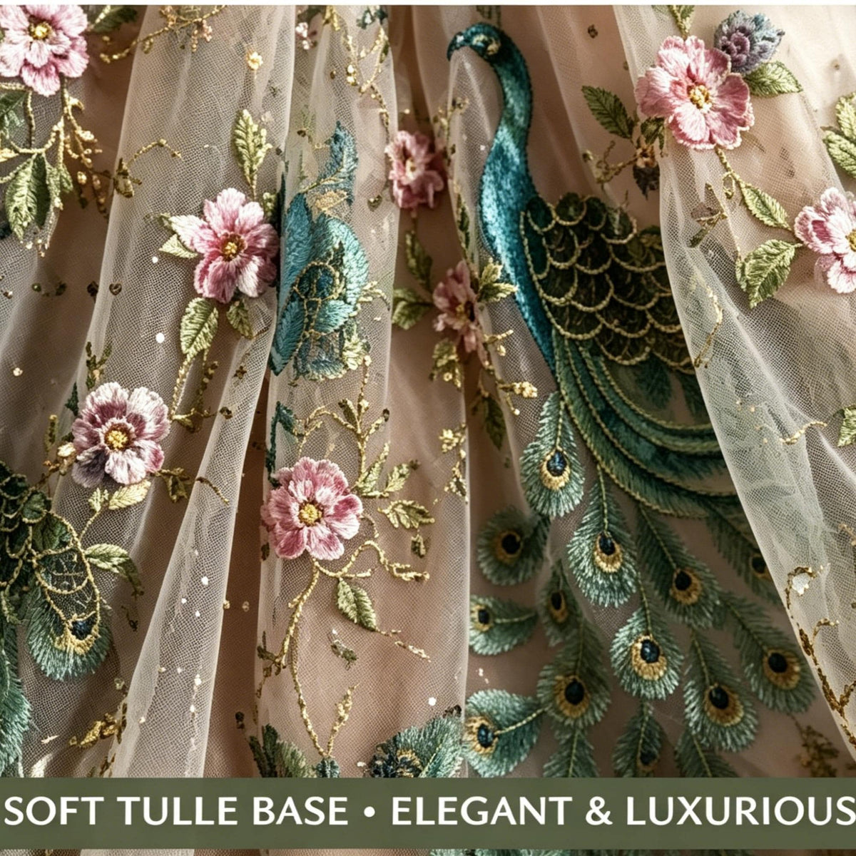 Peacock Embroidered Lace Fabric by the Yard | Floral Mesh Tulle Fabric for Wedding Dress, Bridal Gown,Prom Dress & Couture Sewing | 52" Wide
