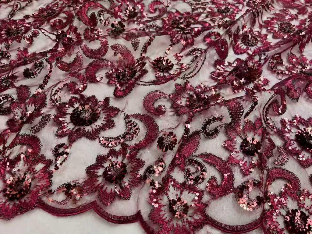 Luxury Burgundy Beaded Sequin Lace Fabric by the Yard, Floral Embroidered Tulle Material for Bridal Gown, Evening Dress & Couture Fashion