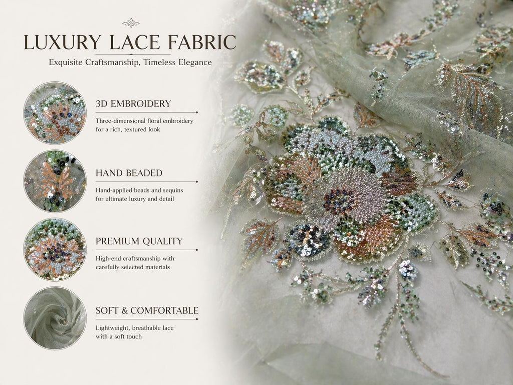 Sage Green Beaded Embroidered Lace Fabric, Luxury Floral Sequin Tulle, Couture Dress Fabric by the Yard, Bridal Evening Lace