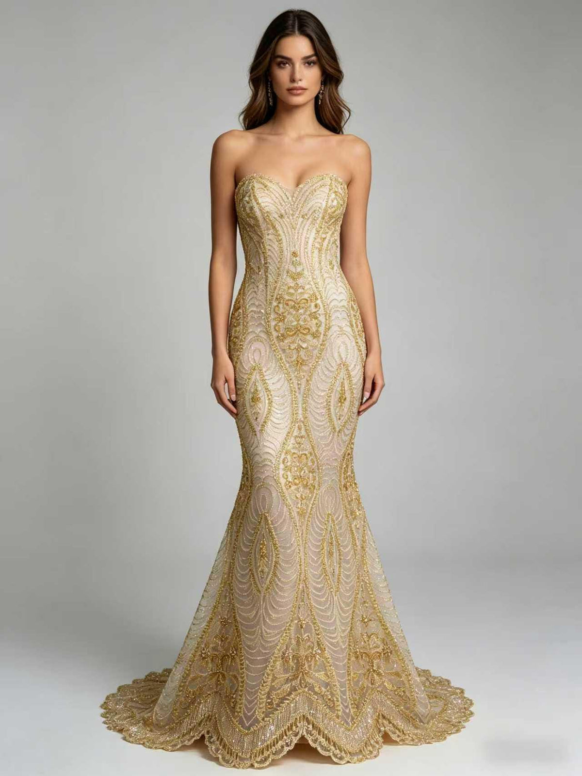 Gold Beaded Lace Fabric by the Yard, Luxury Sequined Embroidered Mesh Formal Wear Sewing Material