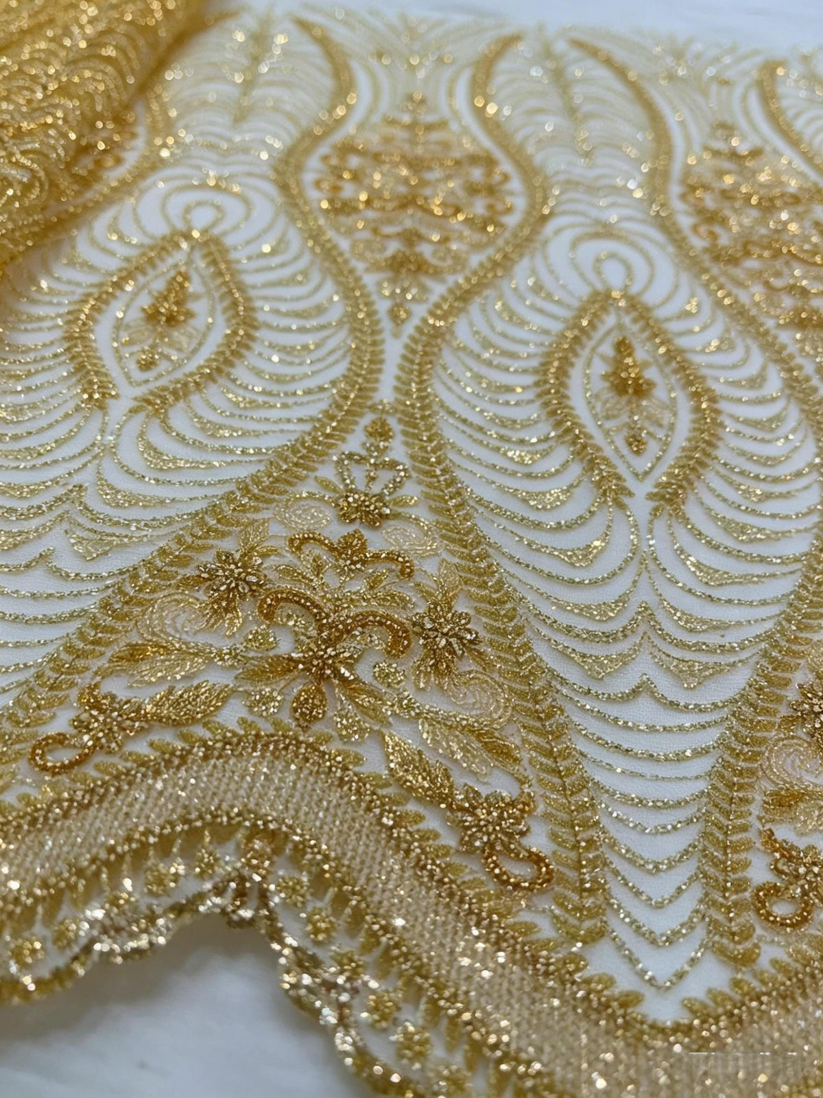 Gold Beaded Lace Fabric by the Yard, Luxury Sequined Embroidered Mesh Formal Wear Sewing Material
