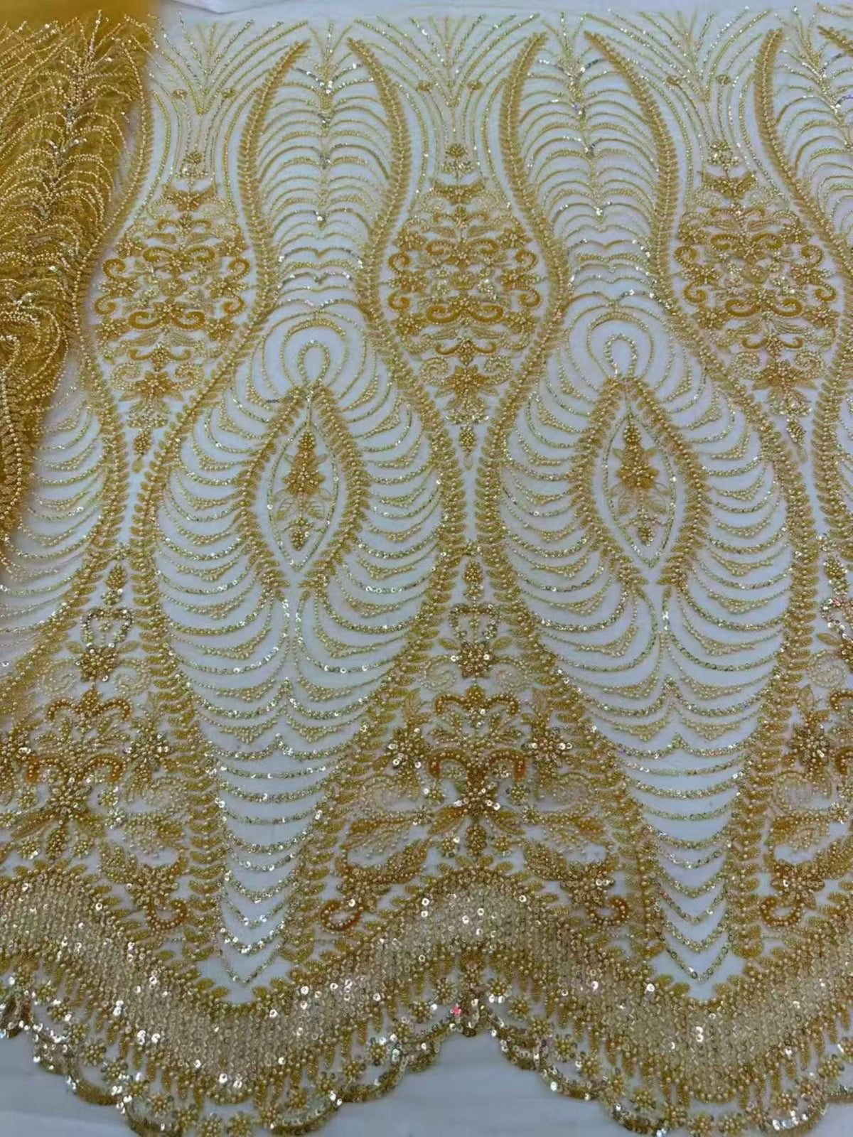Gold Beaded Lace Fabric by the Yard, Luxury Sequined Embroidered Mesh Formal Wear Sewing Material