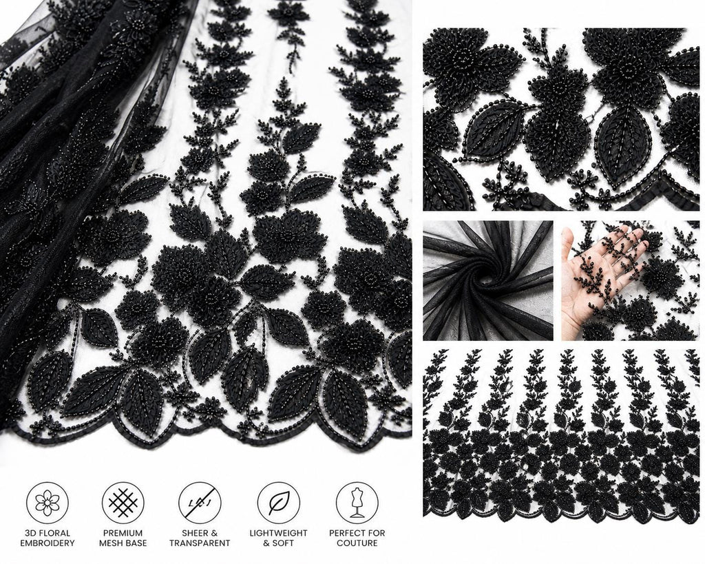 Black Beaded Lace Fabric by the Yard, 3D Floral Embroidered Tulle Mesh for Bridal Wedding Dress, Evening Gown & Couture Fashion