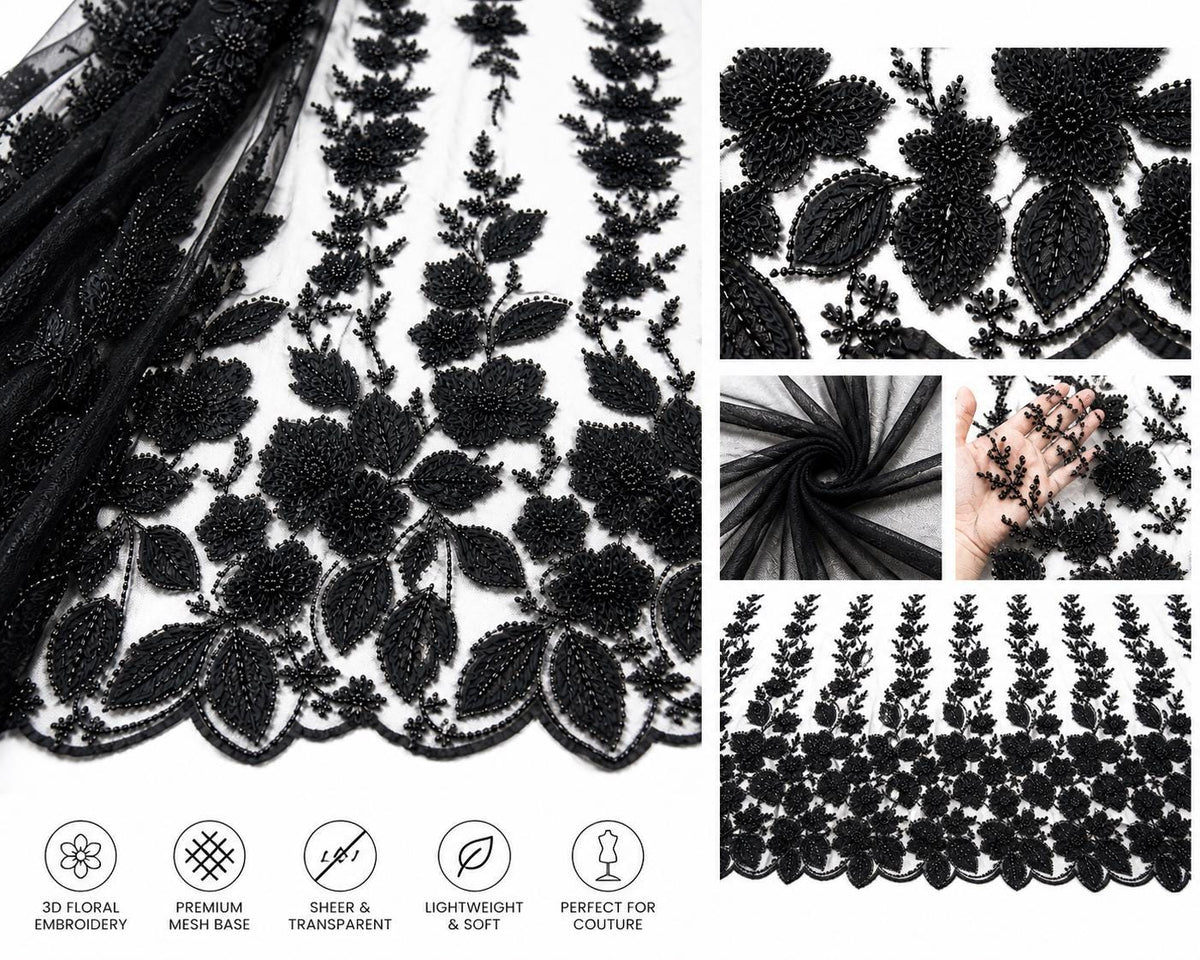 Black Beaded Lace Fabric by the Yard, 3D Floral Embroidered Tulle Mesh for Bridal Wedding Dress, Evening Gown & Couture Fashion