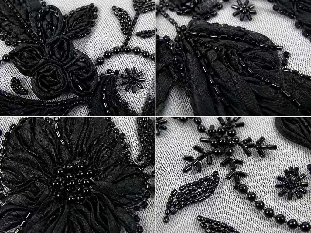 Black Beaded Lace Fabric by the Yard, 3D Floral Embroidered Tulle Mesh for Bridal Wedding Dress, Evening Gown & Couture Fashion