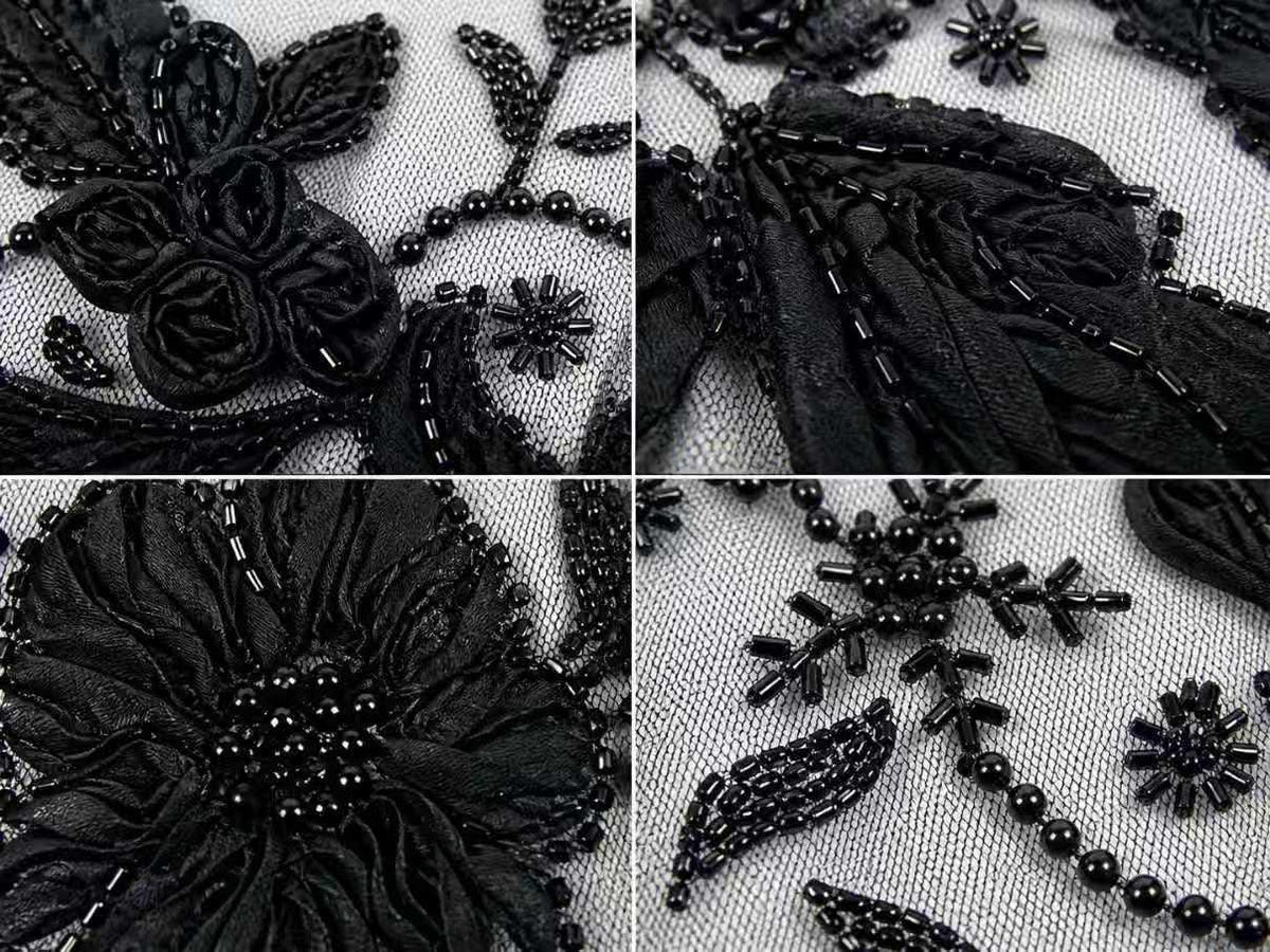 Black Beaded Lace Fabric by the Yard, 3D Floral Embroidered Tulle Mesh for Bridal Wedding Dress, Evening Gown & Couture Fashion