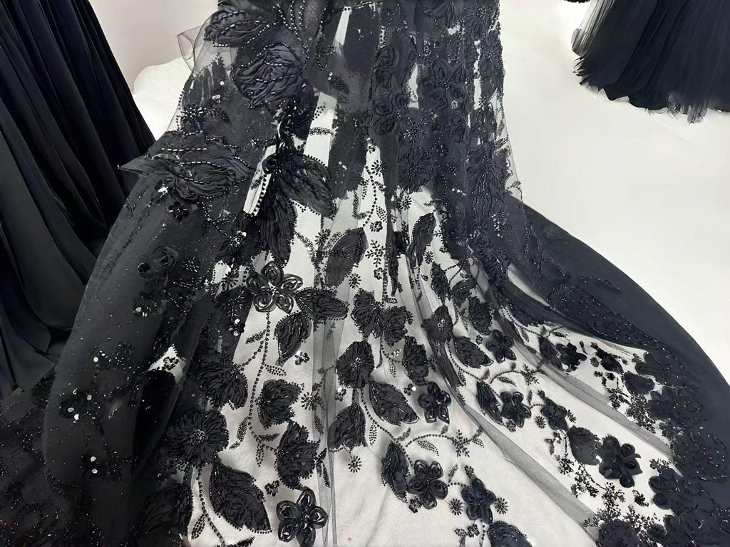 Black Beaded Lace Fabric by the Yard, 3D Floral Embroidered Tulle Mesh for Bridal Wedding Dress, Evening Gown & Couture Fashion