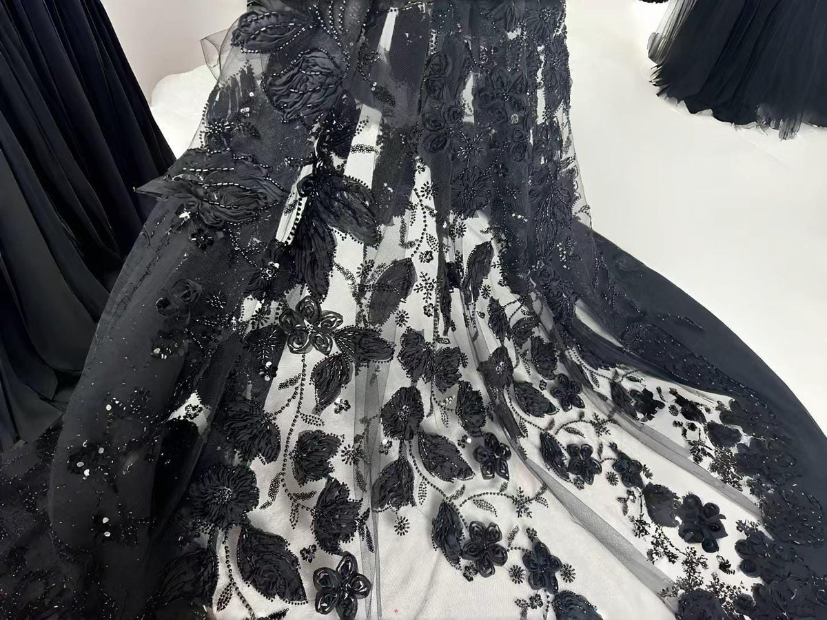 Black Beaded Lace Fabric by the Yard, 3D Floral Embroidered Tulle Mesh for Bridal Wedding Dress, Evening Gown & Couture Fashion