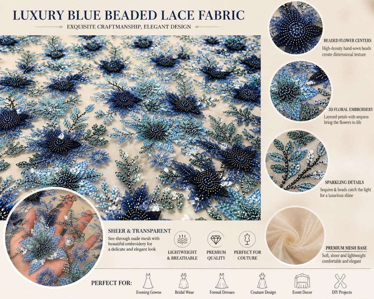 Blue Floral Beaded Lace Fabric by the Yard, 3D Sequin Embroidered Tulle Mesh, Prom Dress Evening Gown Bridal Couture Fabric