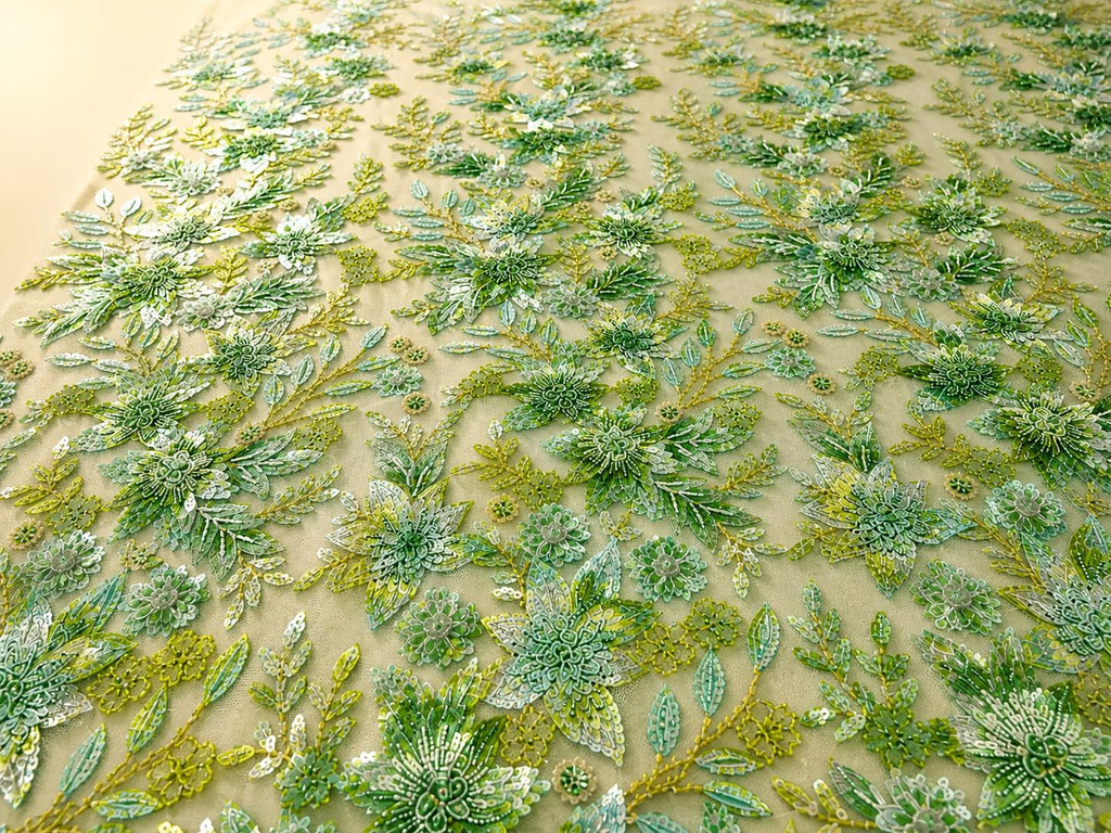 Emerald Green 3D Floral Beaded Lace Fabric, Embroidered Tulle Mesh, Pearl Sequin Bridal Wedding Dress Fabric by Yard, Couture Lace