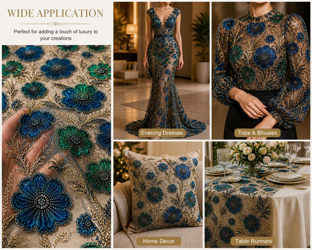 Blue Green Beaded Lace Fabric, 3D Floral Embroidery Mesh, Sequin Tulle, Luxury Evening Dress Fabric, Bridal Lace, Sold by Yard