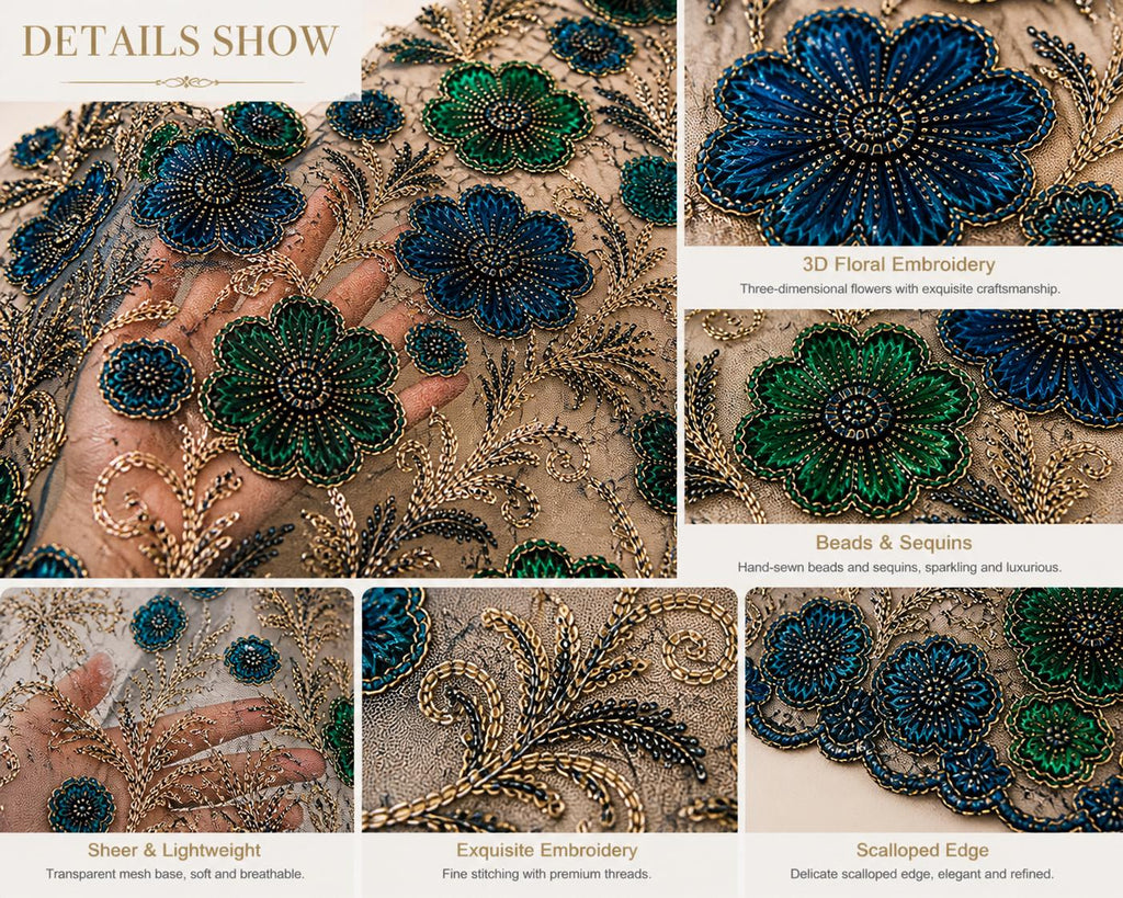 Blue Green Beaded Lace Fabric, 3D Floral Embroidery Mesh, Sequin Tulle, Luxury Evening Dress Fabric, Bridal Lace, Sold by Yard