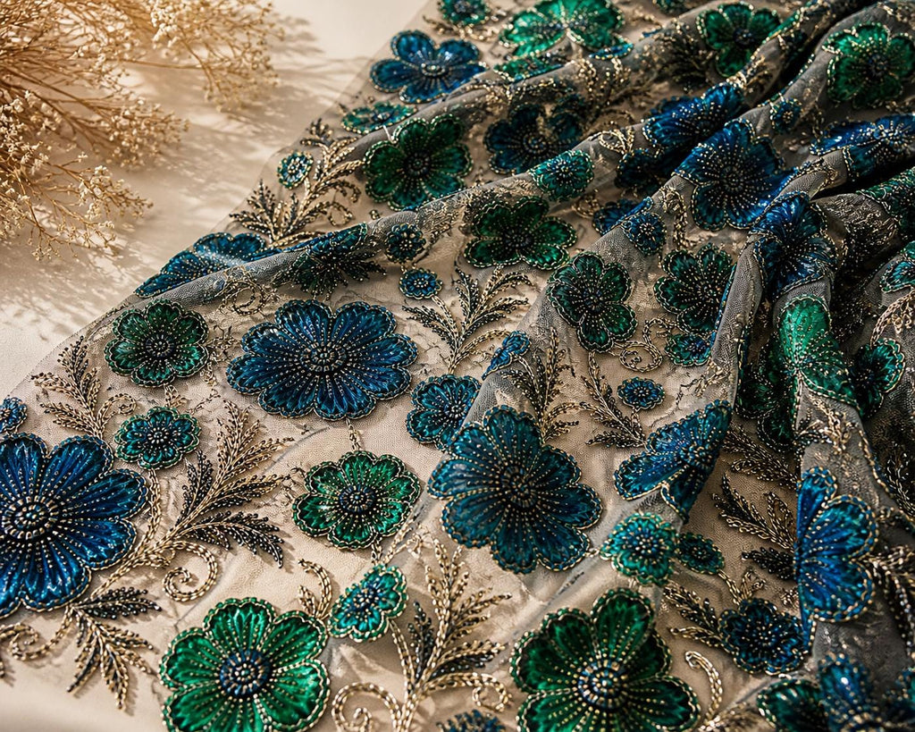 Blue Green Beaded Lace Fabric, 3D Floral Embroidery Mesh, Sequin Tulle, Luxury Evening Dress Fabric, Bridal Lace, Sold by Yard