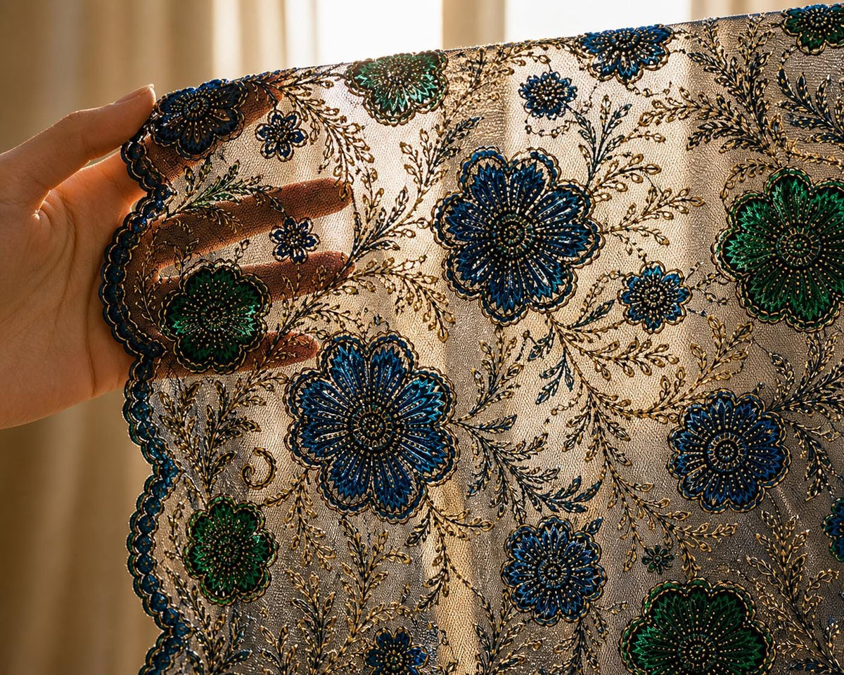 Blue Green Beaded Lace Fabric, 3D Floral Embroidery Mesh, Sequin Tulle, Luxury Evening Dress Fabric, Bridal Lace, Sold by Yard