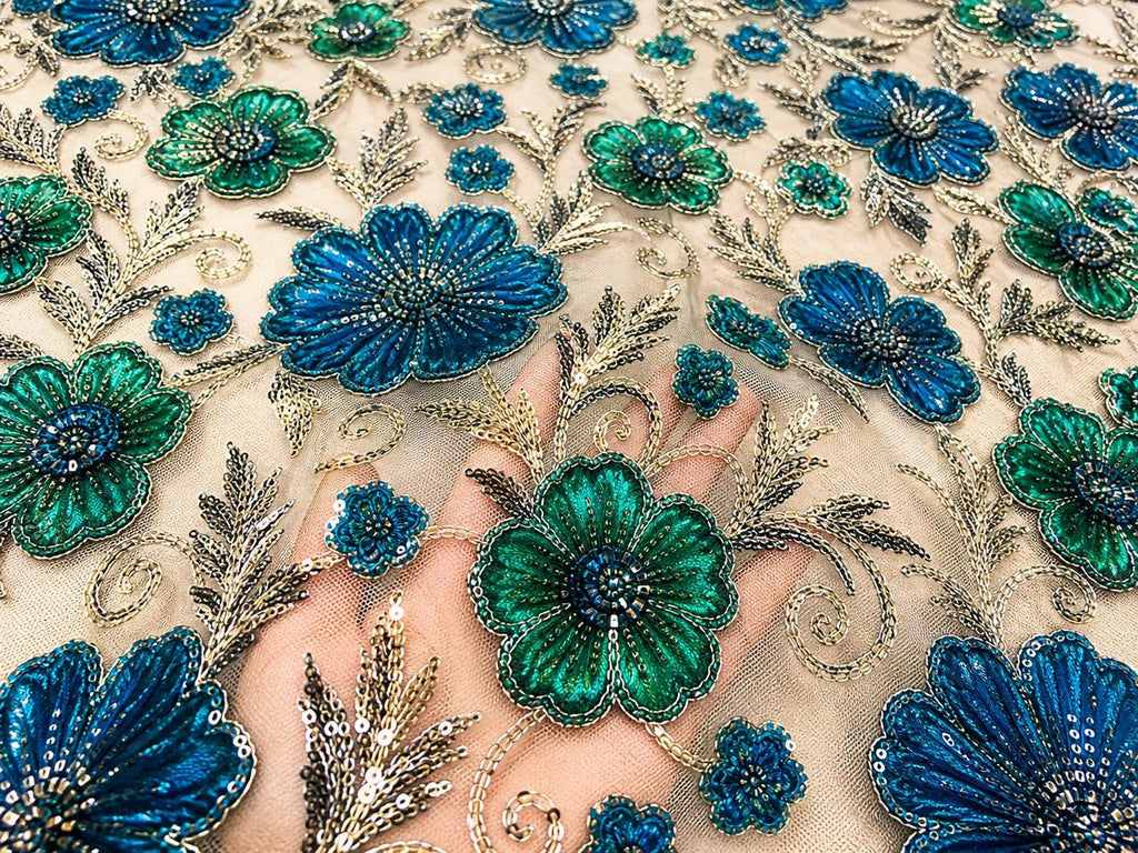 Blue Green Beaded Lace Fabric, 3D Floral Embroidery Mesh, Sequin Tulle, Luxury Evening Dress Fabric, Bridal Lace, Sold by Yard