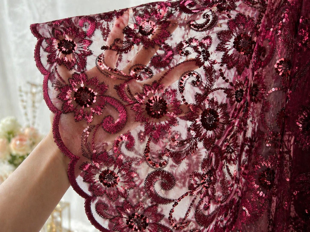 Luxury Burgundy Beaded Sequin Lace Fabric by the Yard, Floral Embroidered Tulle Material for Bridal Gown, Evening Dress & Couture Fashion