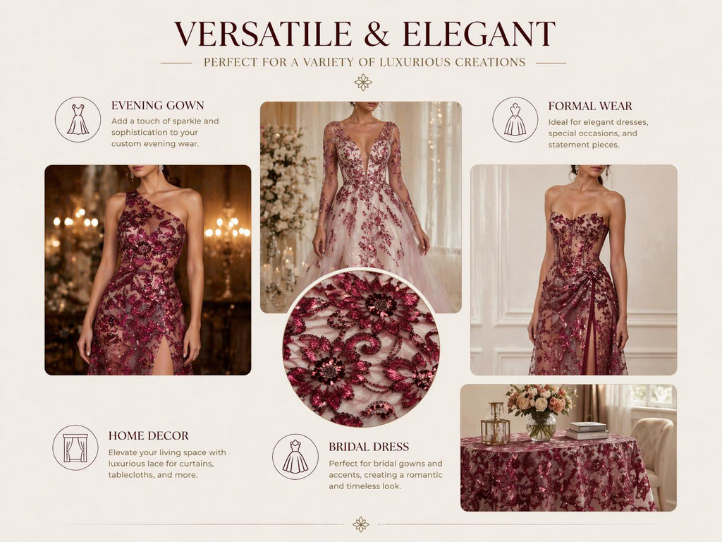 Luxury Burgundy Beaded Sequin Lace Fabric by the Yard, Floral Embroidered Tulle Material for Bridal Gown, Evening Dress & Couture Fashion