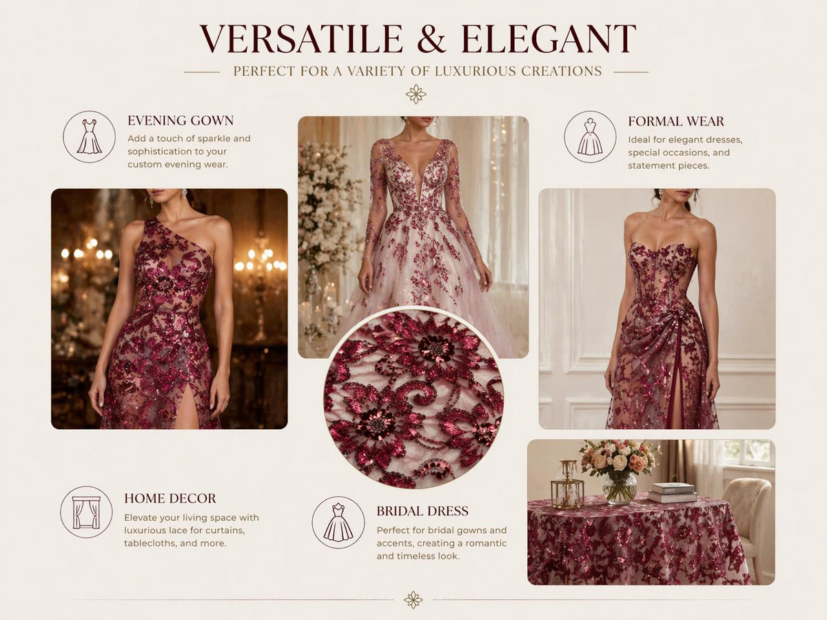 Luxury Burgundy Beaded Sequin Lace Fabric by the Yard, Floral Embroidered Tulle Material for Bridal Gown, Evening Dress & Couture Fashion