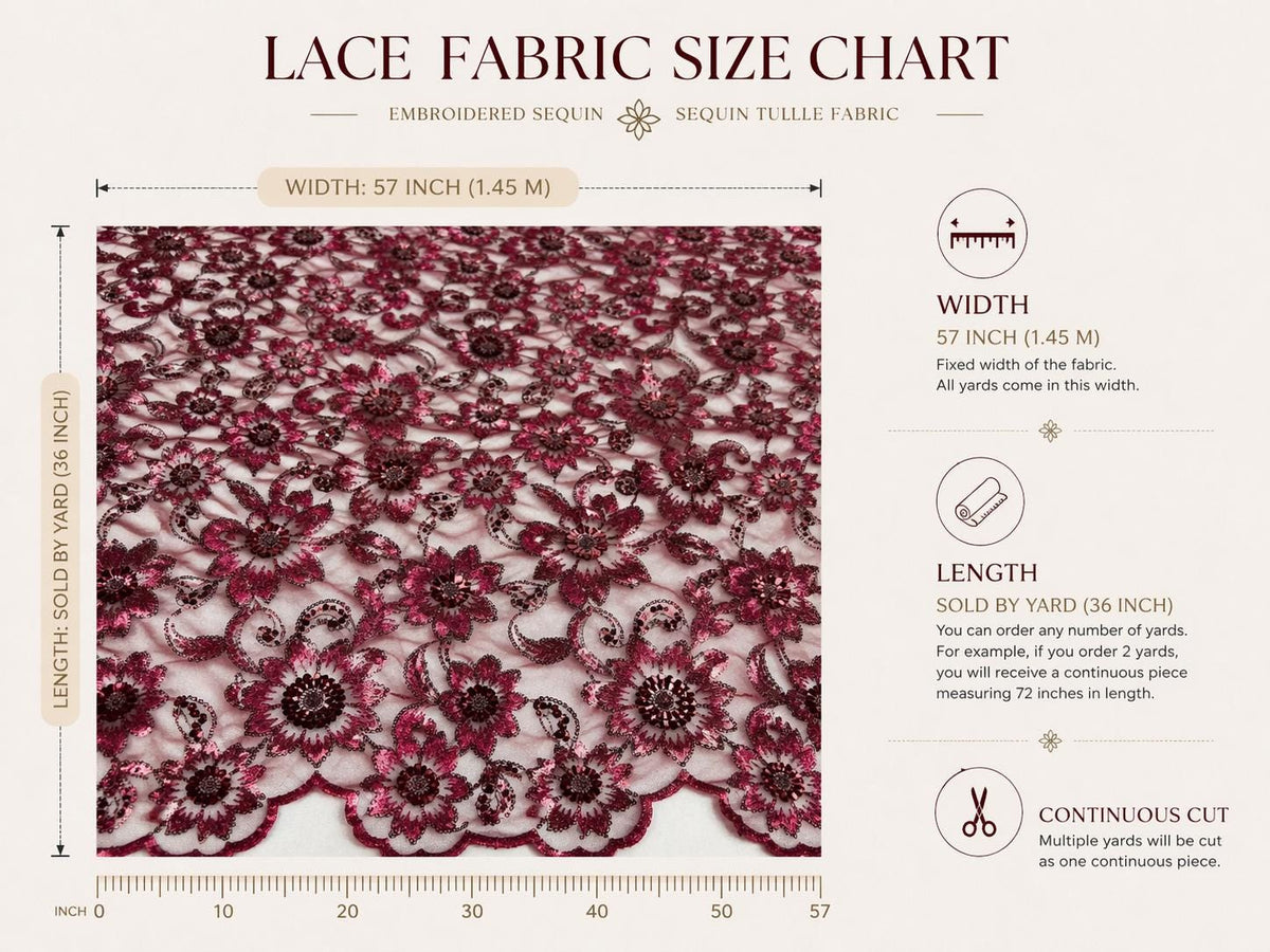 Luxury Burgundy Beaded Sequin Lace Fabric by the Yard, Floral Embroidered Tulle Material for Bridal Gown, Evening Dress & Couture Fashion